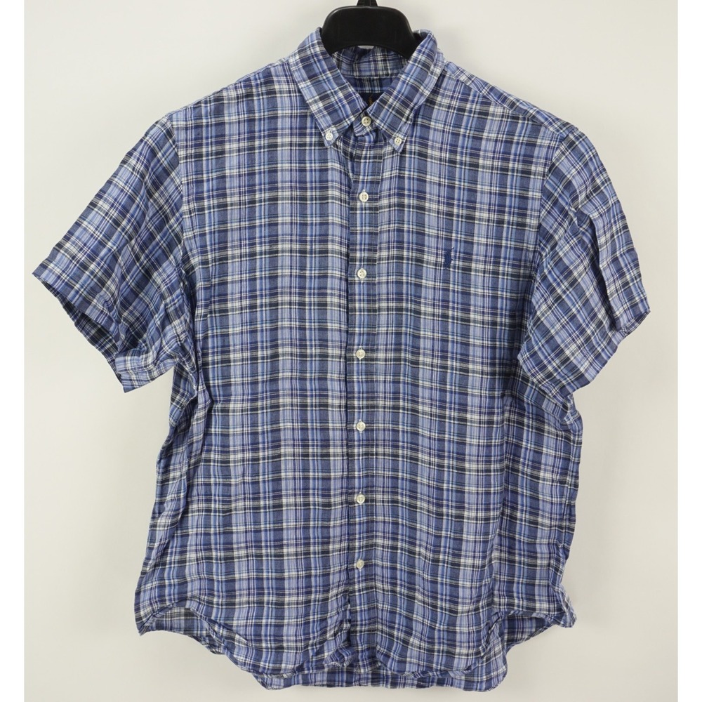 Ralph‎ Lauren Linen Button Down Shirt Mens Large Short Sleeve Blue White Plaid